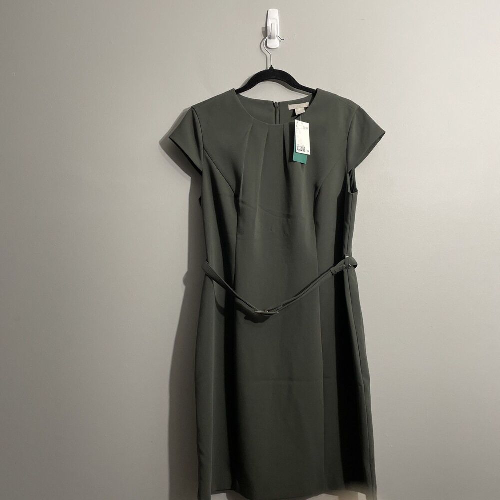 H&M Women's Green Belted Pencil Dress Large Cap Sleeve Midi Office Career